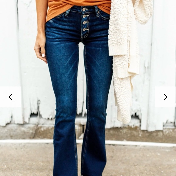 KanCan High Rise Flare Leg button fly Dark Wash Blue Jeans Size: 5 - Picture 13 of 14